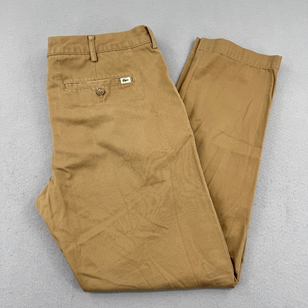 Lacoste Slim Fit Chino Pants Mens 36x32 (38x31) Khaki Tan Cotton Trousers Preppy
